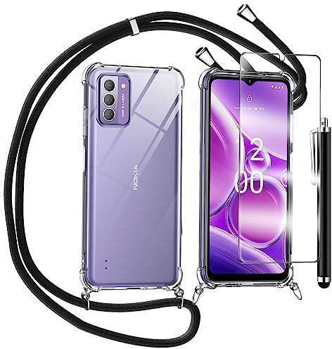 TTSWJBD Mobile Phone Lanyard for Nokia G42, Case with Screen Protector, Necklace Mobile Phone Case with Removable Cord for Hanging, Transparent Silicone Protective Case with Strap in Black