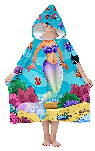 Poncho mit Kapuze für Kinder, 70 cm Badeponcho | Robe Bademantel für Mädchen aus Microfaser | Saugfähiger Schnell Trocknender Badetüch mit Bunten Kindermotiv Model Meerjungfrau [163]