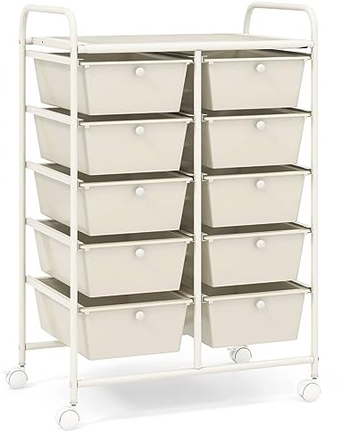 COSTWAY 10 Drawers Storage Cart, Multipurpose Mobile Organizer Shelving Unit with Handle, Removable Drawers & Lockable Wheels, Utility Rolling Trolley for Home Office Beauty (Cream White)