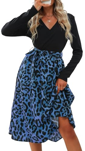 CUPSHE Damen Herbstkleid Leopardenmuster Langarm V-Ausschnitt Bindegürtel | Midikleid Wickelkleid Kontrastdesign Taillierte Taille Fließender Rock A-Linie Elegant Partykleid Cocktailkleid