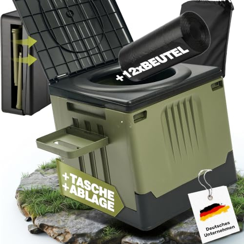 GLAMPmania Campingtoilette faltbar Modell 2026 | Klapptoilette inkl. Ablagefach & 12x Tüten | Mobile Toilette Camping WC | Outdoor, Festival, Stau, Notfall | Größe M grün