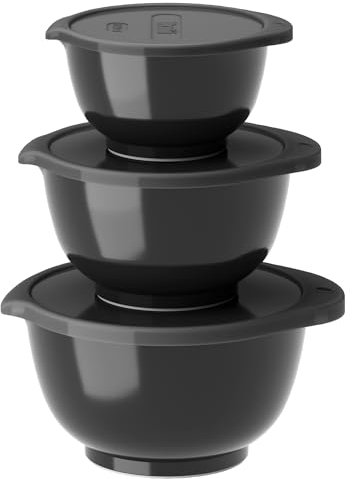 Rosti Margrethe Schüssel Set, Rührschüssel Set, 6-Teilig mit 3 Rührschüsseln und 3 Deckel, aus Recycelbarem Kunststoff, 0,25 Liter, 0,5 Liter und 0,75 Liter, Black Edition (Schwarz)