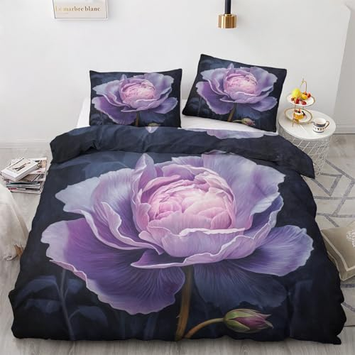 Generisch Lila Blumen Bettwäsche 135x200 - Bettbezug 135x200 Blumen, Bettwäsche-Sets 2 teilig, Weich & Atmungsaktiv Mikrofaser Wendebettwäsche und 1 Kissenbezug 80x80 mit Reißverschluss V&1-284