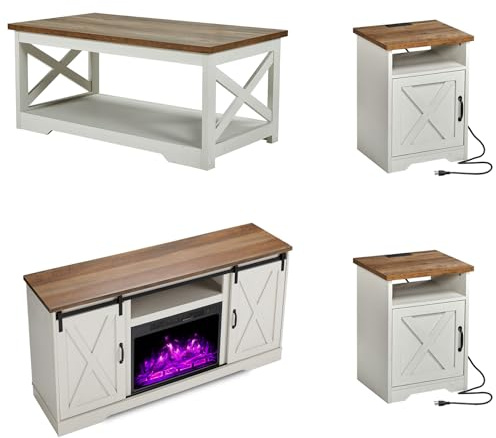 AMERLIFE 5-Piece Farmhouse Table Set Includes Fireplace TV Stand, Coffee Table& Two End Tables with Charging Station and USB Ports, for Living Room, Distressed White, 63
