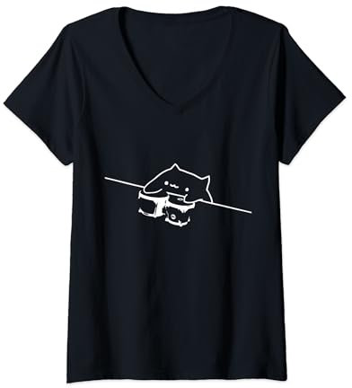 Damen Katze mit Bongos Meme T-Shirt - Bongo Cat T-Shirt mit V-Ausschnitt