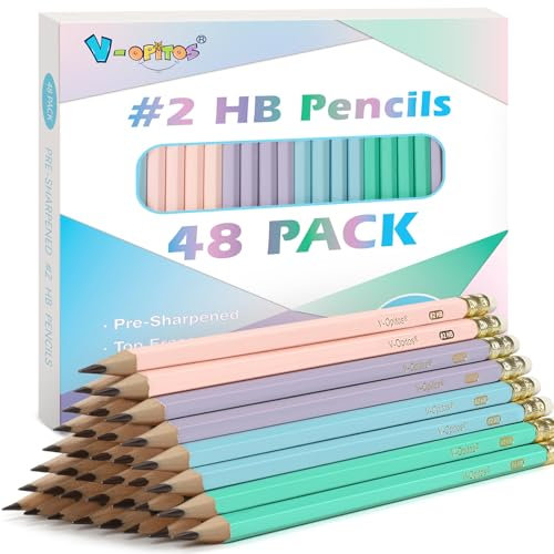 V-Opitos Wood-Cased #2 HB Pencils, 48 Pack Pre-Sharpened Pencils with Top Erasers, Bulk Pastel Color Pencils for School Teacher Supplies, Writing, Drawing and Sketching