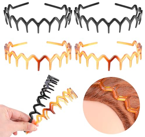 Zickzack-Stirnband mit Zähnen für Damen, Herren und Mädchen, gewellter Kamm, Kunststoff, Haie, Haarschmuck zum Gesichtswaschen, Schwarz, Braun, 4 Stück