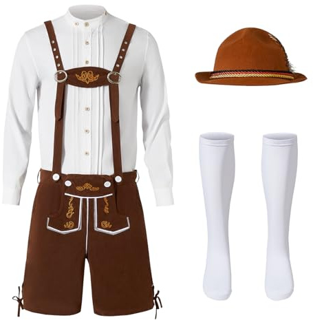 Ulikey Oktoberfest Herren Outfit, Herren Deutsch Bayern Oktoberfest Kostüm Set Oktoberfest Kleidung Herren mit Abnehmbarem Lätzchenträger, Hemden, Kniesocken und Bayerischen Filzhüte