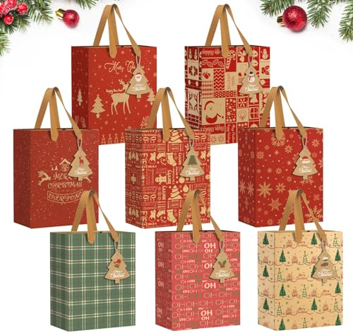 Agoer 24 Stück Geschenktüten Weihnachten, 27x21x11CM Natur Kraftpapier Weihnachtsgeschenktüten, Groß Weihnachtstüten mit Henkel und Hängeetiketten Wiederverwendbar für Weihnachtsfeier