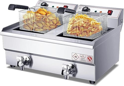 AFLEPCBRQ Friggitrice Elettrica Professionale da Banco Friggitrice in Acciaio Inossidabile con Scarico, Controllo della Temperatura E Limitatore di Temperatura, Facile da Pulire