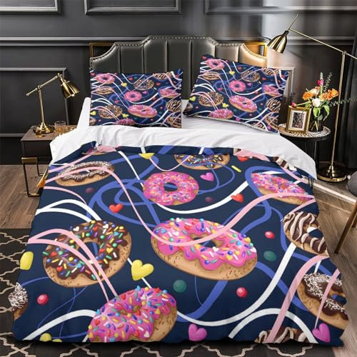 GDEKCIEAS Ciambelle deliziose 3 Pezzi 3D Stampa Digitale Set Copripiumino Copripiumino Con Cerniera Microfibra Morbido E Federe Set Di Biancheria Da Letto Per Bambini King（220x240cm）