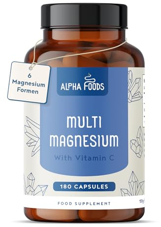 Alpha Foods Magnesium Komplex Hochdosiert, mit 6 Formen, u.a. Bisglycinat, Magnesiumcitrat & Ascorbat, 180 Kapseln, 2140mg pro Tagesdosis, vegan, mit Vitamin C