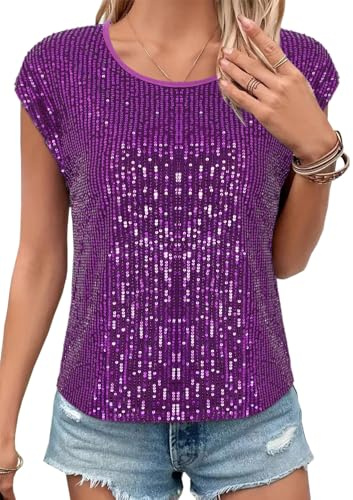 Segreto Damen Rundhals Locker Pailletten Tops Cap Ärmel Oberteil Party Glitzer Bluse Tanktop Shirt Cocktail Festliches Outfit