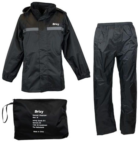 Brixy Regenanzug - Damen & Herren - Wasserdicht & Atmungsaktiv - Reflektierend - Schwarz
