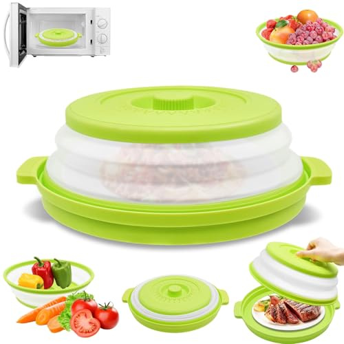 Cyiecw Faltbare Mikrowellen Abdeckung 27cm, Abdeckhaube Mikrowelle ohne BPA, Transluzente Mikrowellenabdeckung, Mikrowellenhaube Spritzschutz, Filterkorb mit Dampflöchern für Obst und Gemüse (Grün)