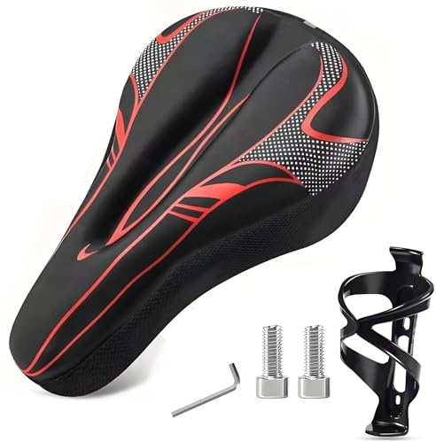 BAPPKON Gel Bike Seat Cover Waterproof Memory Foam Padded Bicycle Seat Cushion for Men Women, for Peloton Exercise Bike Road Mountain Bikes with Bottle Holder Universal (Red)