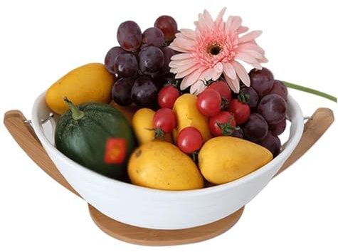 Tazas de Cereales de Ensalada de cerámica, Organizador de Platos de Postre de cerámica Elegante con Base de Madera, Plato de Frutas, decoración del hogar for Fiestas