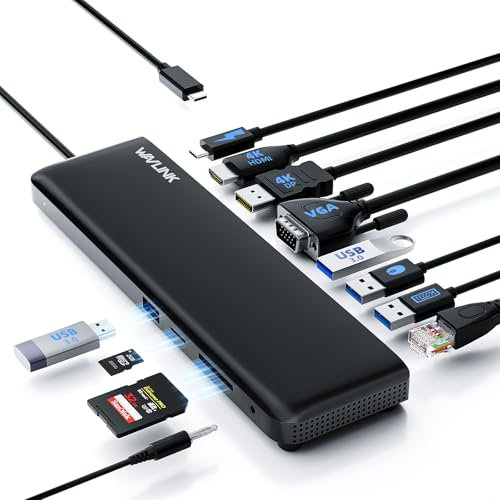 WAVLINK USB C Docking Station 3 Monitors, Docking Station with HDMI, DP, VGA, 100W PD, USB3.0&2.0, RJ45, SD/TF Slots, Audio/Microphone for Lenovo/HP/Dell etc - Black