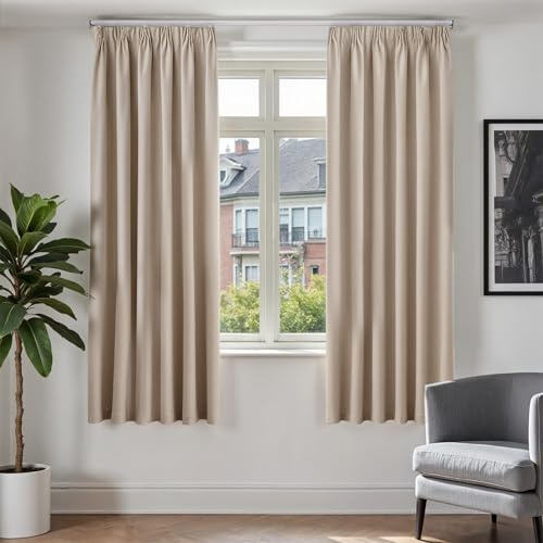 TOPICK Gardinen mit Kräuselband 100% Verdunklungsvorhänge Vorhänge Wohnzimmer Schlafzimmer modern Landhausstil Leinenoptik Blickdicht, H175xB140 cm Fenstergardine Blackout Curtains 2er Set Beige