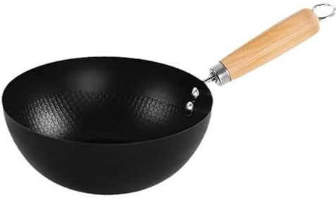 Hengqiyuan Mini Wok Padella 18Cm Wok Antiaderente Wok Piccolo A Induzione 7.3Cm Profondo Leggero con Manico in Legno Resistente all'Usura Antiruggine Multifunzione per Frittura E Cottura