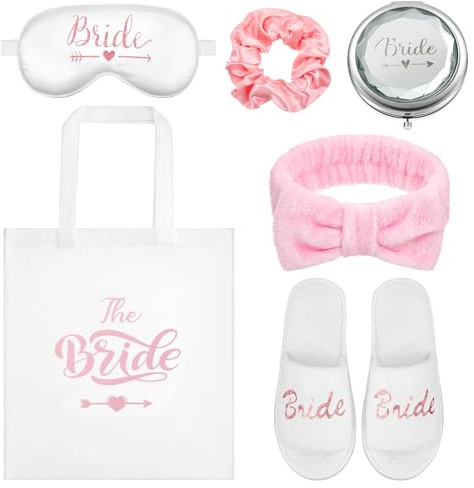 Hestya 6 Stück Braut Präsent Brautparty Geschenke inklusive Braut Hausschuhe Rosa Haargummi Braut Tragetasche Seide Schlafmaske und Makeup Taschenspiegel für Hochzeit Antrag Spa Party(Rosa)