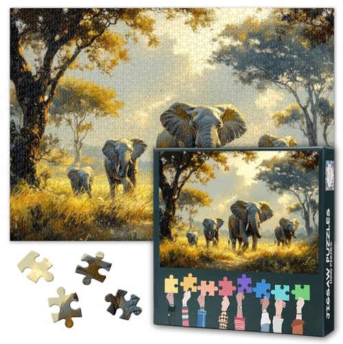 1000 Piece Jigsaw Puzzle, Elephants Adult Puzzles, Jigsaw Puzzle 1000 Pieces for Adults Elephants Walking Through Tall Grass, Puzzles for Adults 1000 Pieces Finished Size 50x70 cm