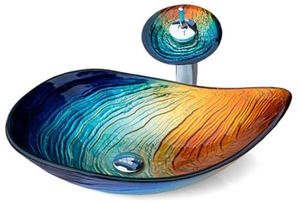 Vasque de salle de bain artistique - Vasque de salle de bain bleue, vasque en verre trempé avec robinet et bonde, vasque for meuble-lavabo