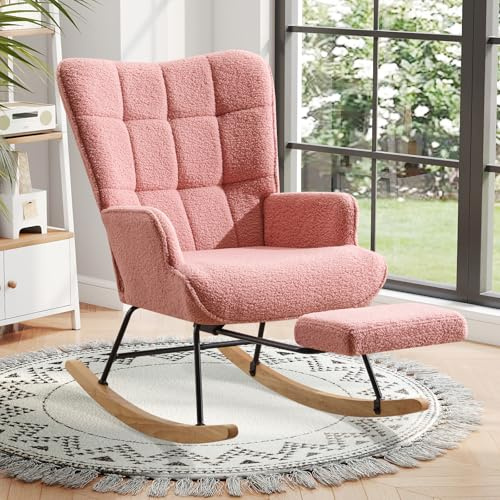 Ckaff Schaukelstuhl mit Fußstütze, Schaukelsessel mit Fußstütze, Teddystoff Gepolsterter Lesesessel Relaxstuhl Sessel mit Holzkufen für Wohnzimmer Schlafzimmer, Rosa