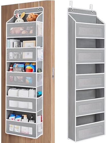 Gkaopi Organizador Puerta Colgante con 5 Bolsillos, Estante de Colgar en la Puerta, Organizador Vertical del Tipo Bolsillo para Dormitorio, Plegable, Ganchos de Metal (Gris Claro)