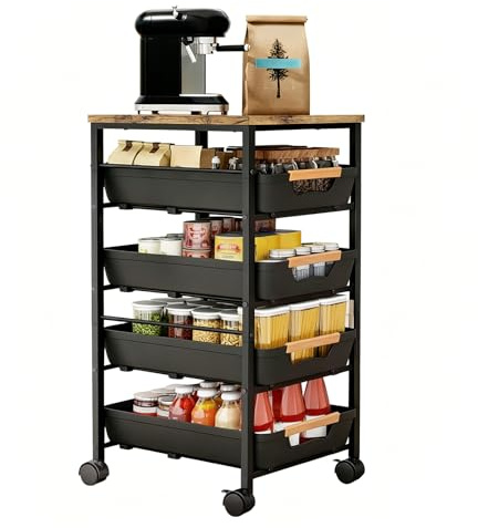 RMNKTHC Carrello da cucina con 5 ripiani e 4 cassetti, ruote a 360° con 2 freni, con piastra in legno e cesti ventilati, per conservare frutta, verdura, forno a microonde in cucina e soggiorno (32 x