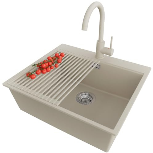PRIMAGRAN Fregadero Granito Beige 58x50cm, Cocina 1 Seno + Grifo 32x20cm + Sifón + Enrollable Escurridor, Sobre encimera al mueble 60cm - Oslo