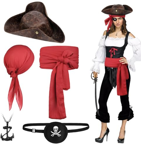 Alaoo Pirattillbehörssats, 5 stycken kapten pirat kostym tillbehör kontur piratband, hatt, halsband och bandage, pirat kostym tillbehör för halloween karneval fest (röd-5 st)