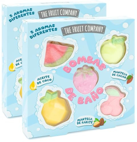 The Fruit Company Bombas de Baño – Pack 2 Unidades con Aromas Sandía, Manzana, Cereza, Fresa y Piña – Con Aceite de Coco, Manteca de Cacao y Karité – Hidratación + Aroma + Efecto Burbujas