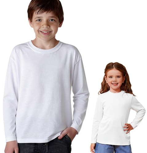 Vida Sol Camiseta Manga Larga Infantil 100% Algodón, 1 Unidad, Unisex, Cuello Redondo, Suave y Transpirable, Diseño Básico y Cómodo, Ideal para Uso Diario, Tallas 5-6 Años, Blanco