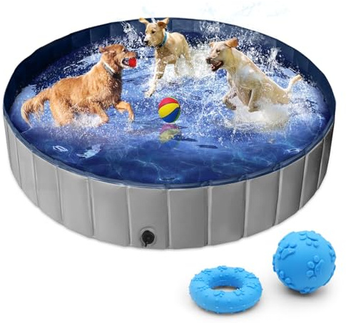 Extra Large Dog Paddling Pool 160 cm, Heavy Duty Foldable Dog Pool for Large Dogs, Non-Slip Pet Swimming Pool with Drain Valve & 2 Chew Toys, Collapsible Dog Bath Pool for Garden, Patio & Camping
