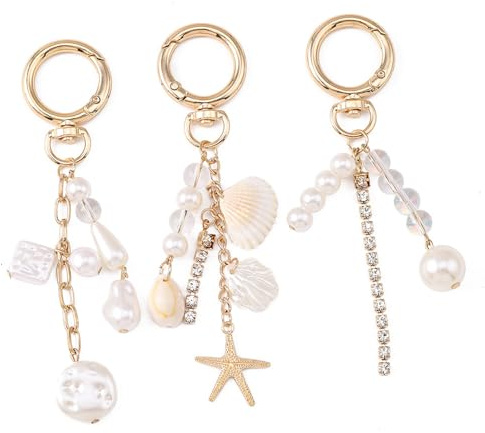 Orsefeliy 3 Stück Muschel Seestern Perlen Schlüsselanhänger, Gold Ozeanisch Taschenanhänger für Damen, Eleganter Bag Charm für Frauen Handtaschen, Sommer Taschen Anhänger Geschenke für Mädchen