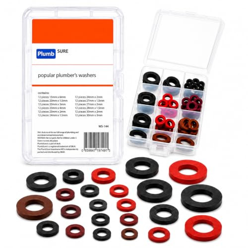 SBUK PlumbSure 144 Piece Plumber's Washer Assortment Kit – Mixed Rubber, Fibre & Tap Washers – Assorted Sizes for Plumbing Repairs, Taps, Pipes, Valves & DIY Maintenance