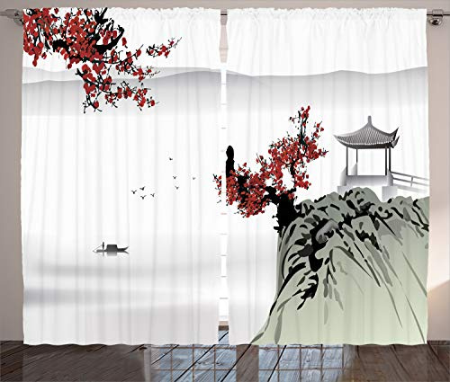 ABAKUHAUS asiatisch Rustikaler Gardine, Kirschblüten und Boot, Schlafzimmer Kräuselband Vorhang mit Schlaufen und Haken, 280 x 225 cm, Rubin Grau