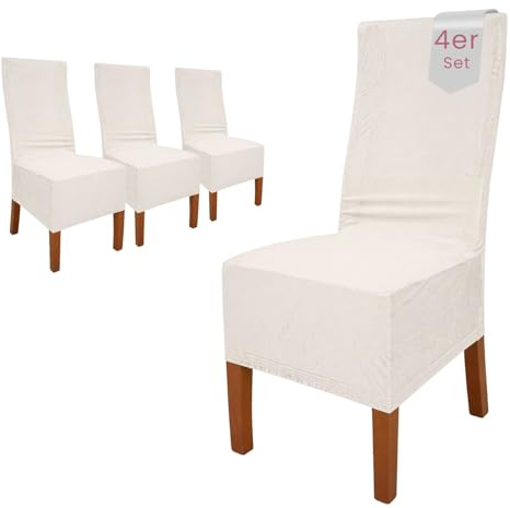 Scheffler Home Stuhlhussen Samt Weiß-Ecru 4er Set Puma – Elastische Stuhlbezüge für Hochlehner und Polsterstühle – Waschbar und formstabil