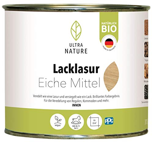 ULTRA NATURE Lacklasur 0,375L, Eiche Mittel, Vegan, Bio, Lösemittelfrei, Seidenglanzend, Holzlasur