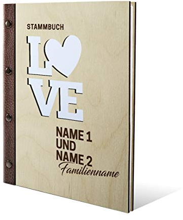 Familien Stammbuch Birkensperrholz Gravur individuell Holzcover mit Echtleder Rücken und Extras A5 Stammbuchformat 175x220mm - Love