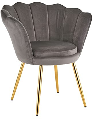 Baroni Home Gepolsterter Sessel mit Muschel-Rückenlehne aus grauem Samt mit goldenen Beinen, für Wohn- und Schlafzimmer 69x71x84 cm