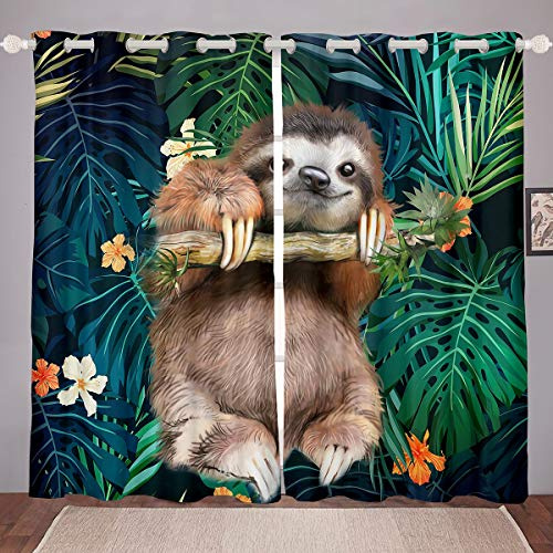 Kinder Niedliches Faultier Fenstervorhang 137x117cm Karikatur Tier Blickdichte Vorhänge Dekor für Mädchen Lustiges Fabeln Faultier Tropische Blätter Blumendruck Vorhang 2er Set Naturthema Raumdekor