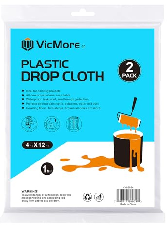 VICMORE Clear Plastic Drop Cloths for Painting, 4 x 12 Ft, 1 Mil, 2 Pack