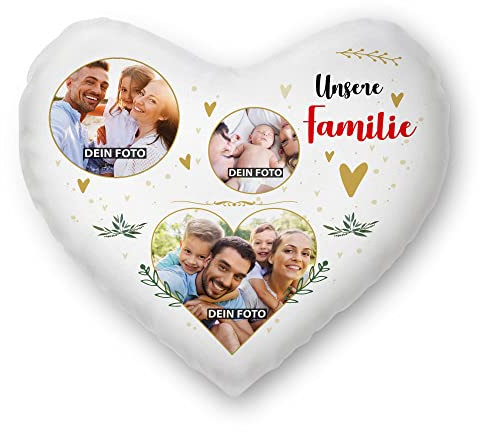 Print Royal Herzkissen selbst gestalten - Familien Collage mit 3 Fotos Bedrucken - Unsere Familie - Geschenk Geburtstag Weihnachten - Herz Fotokissen inkl. Füllung, 40x44 cm