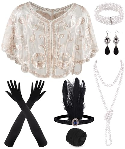 PLULON 10-teiliges 1920er Flapper Great Gatsby Accessoires-Set Fashion Roaring 20's Theme Set mit Stirnband, Kopfbedeckung, langen schwarzen Handschuhen, Halskette, Ohrringen für Frauen (Beige Gold)