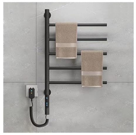 YJSG Electric Heated Towel Rack, Rotating Towel Warmer Wall Mounted Drying Rack,Stainless Steel Towel Warmer 5 Bars with Built-in Timer, 1h-8h,82w,for Home Bathroom, Salons and Spas,Plug-in,Black