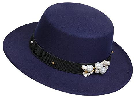 NiceYnn Klassisk vintage ull brett brätte platt topp fläskpaj båthatt, justerbart pärlband Fedora kyrka Derby filtmössa för bröllopsfest talangshow, Marinblå & pärla, en storlek