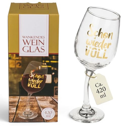 MIJOMA Lustiges Weinglas in wankendem Design, für ca. 420 ml, Geschenk für Weintrinker (Schon wieder voll)