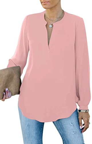 Homlan Damen Bluse Elegant V Ausschnitt Langarm Arbeit Oberteile Casual Tunika Henley Langarmshirt Einfarbig Lose Hemdbluse (8229Large, Rosa)